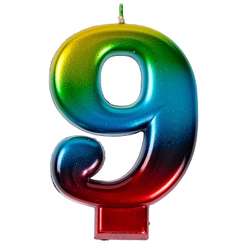 Свеча -цифра "9" Радуга металлик 8см/V