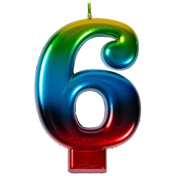 Свеча -цифра "6" Радуга металлик 8см/V