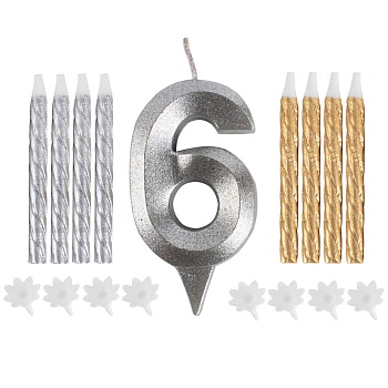 Свеча -цифра "6" Грань серебр +свечи 8шт
