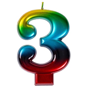 Свеча -цифра "3" Радуга металлик 8см/V